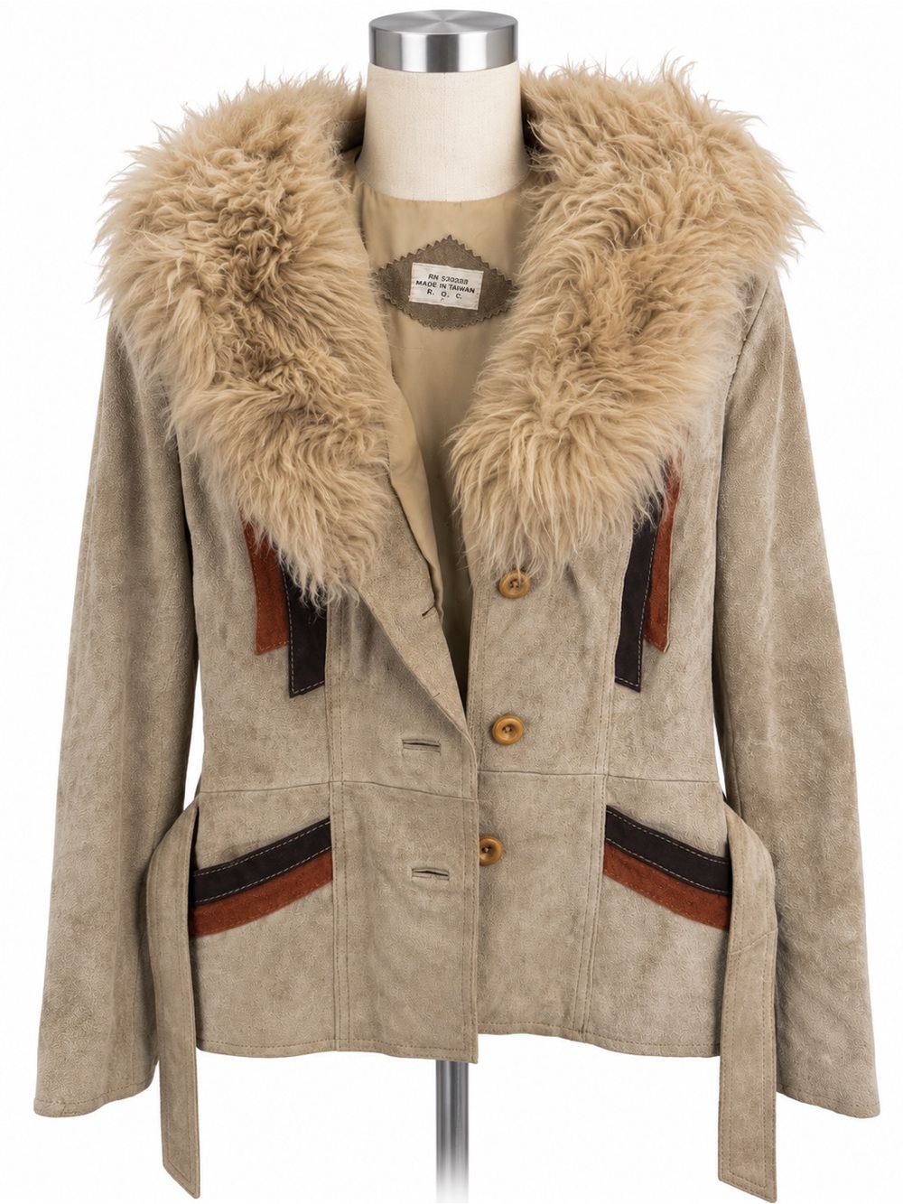 Vintage-Inspired Taupe Suede Jacket with Shearling Collar